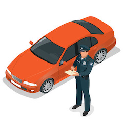 Policeman writing traffic ticket beside car